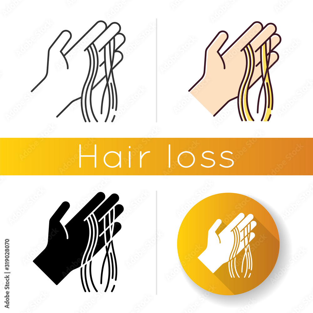 Hair strands on hand icon. Alopecia and hairloss. Dermatology and beauty  issue. Stress and anxiety symptom. Thinning and shedding hair. Linear black  and RGB color styles. Isolated vector illustrations Stock Vector |