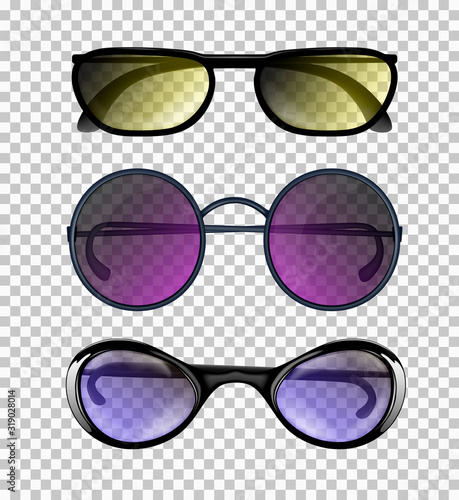 Three fashionable elegant man or woman realistic glasses isolated on the transparent background. Frontal view with bows. Vector illustration.