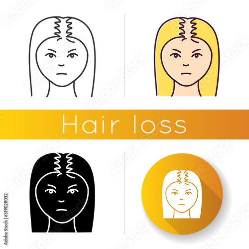 Female hairloss icon. Linear black and RGB color styles. Woman with alopecia. Dermatology, beauty treatment. Thinning hairline. Unhealthy scalp condition. Isolated vector illustrations