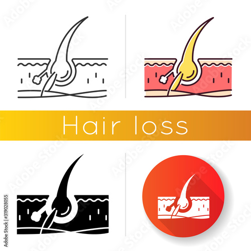 Follicle icon. Damaged hair root. Microscopic look on skin tissue. Epidermis problem. Haircare and dermatology. Alopecia treatment. Linear black and RGB color styles. Isolated vector illustrations