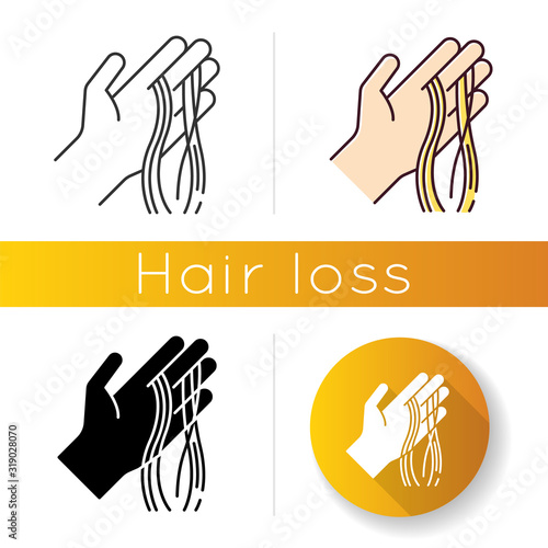 Hair strands on hand icon. Alopecia and hairloss. Dermatology and beauty issue. Stress and anxiety symptom. Thinning and shedding hair. Linear black and RGB color styles. Isolated vector illustrations