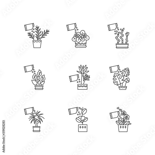 Houseplant fertilizing pixel perfect linear icons set. Feeding domesticated plants. Growth supplements. Customizable thin line contour symbols. Isolated vector outline illustrations. Editable stroke