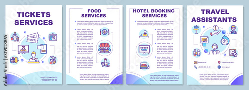 Tickets services brochure template. Travel assistant. Hotel booking. Flyer, booklet, leaflet print, cover design with linear icons. Vector layouts for magazines, annual reports, advertising posters