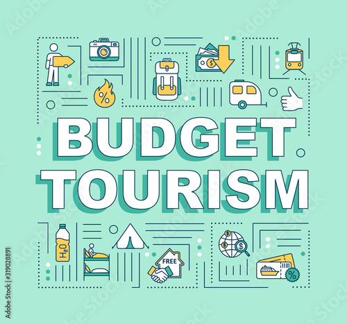 Budget tourism word concepts banner. Camping. Cheap accommodations. Advance booking. Infographics with linear icons on green background. Isolated typography. Vector outline RGB color illustration