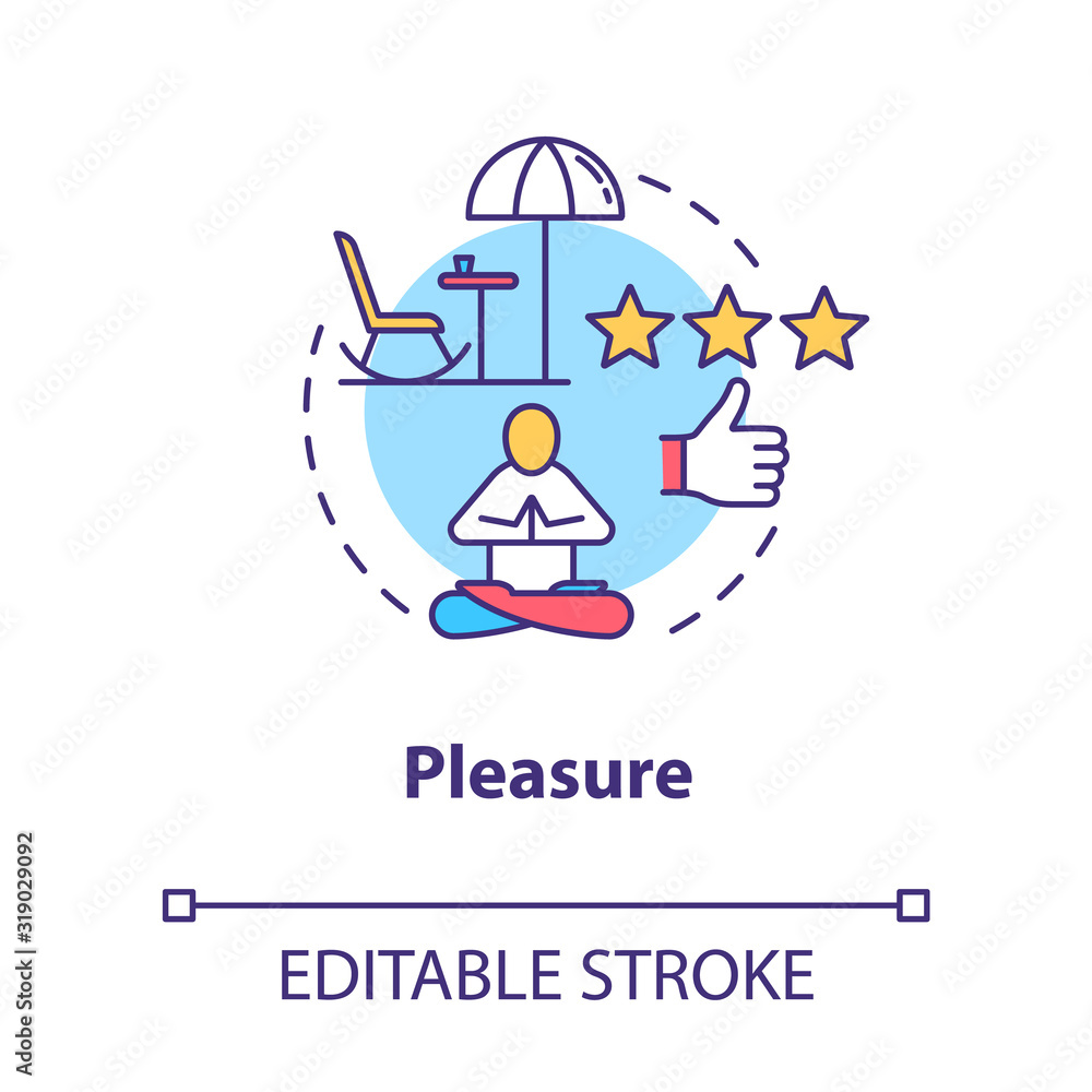 Pleasure concept icon. Enjoy life. Rest and relaxation. Wellness, wellbeing. Meditation on resort. Leisure idea thin line illustration. Vector isolated outline RGB color drawing. Editable stroke Pleasure concept icon. Enjoy life. Rest and relaxation. Wellness, wellbeing. Meditation on resort. Leisure idea thin line illustration. Vector isolated outline RGB color drawing. Editable stroke