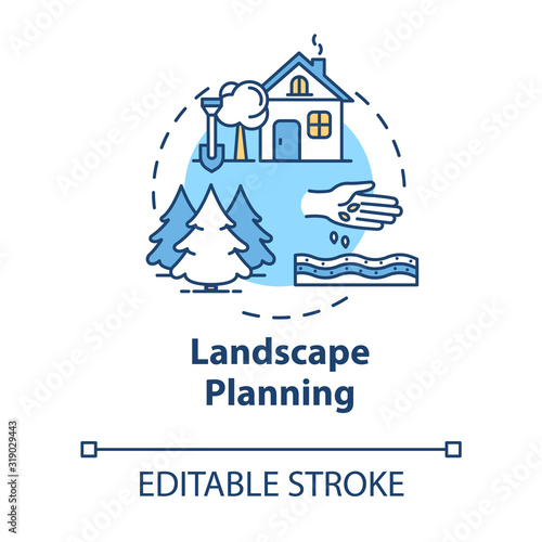 Landscape planning concept icon. Agriculture and architecture. Real estate building. Outdoor landmark. Land use idea thin line illustration. Vector isolated outline RGB color drawing. Editable stroke