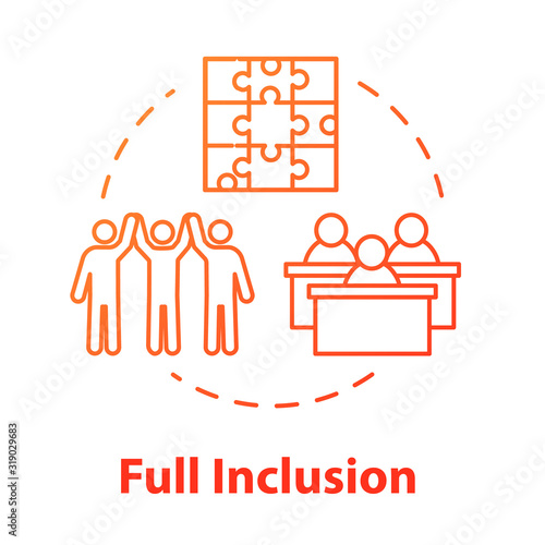 Full inclusion concept icon. Student group in class. Diverse community. Positive support. Inclusive education idea thin line illustration. Vector isolated outline RGB color drawing. Editable stroke