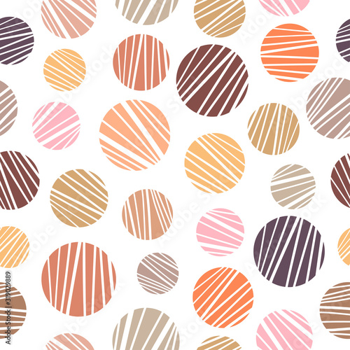 Orange, yellow, pink, brown, beige striped round shapes on white background. Seamless geometry pattern.