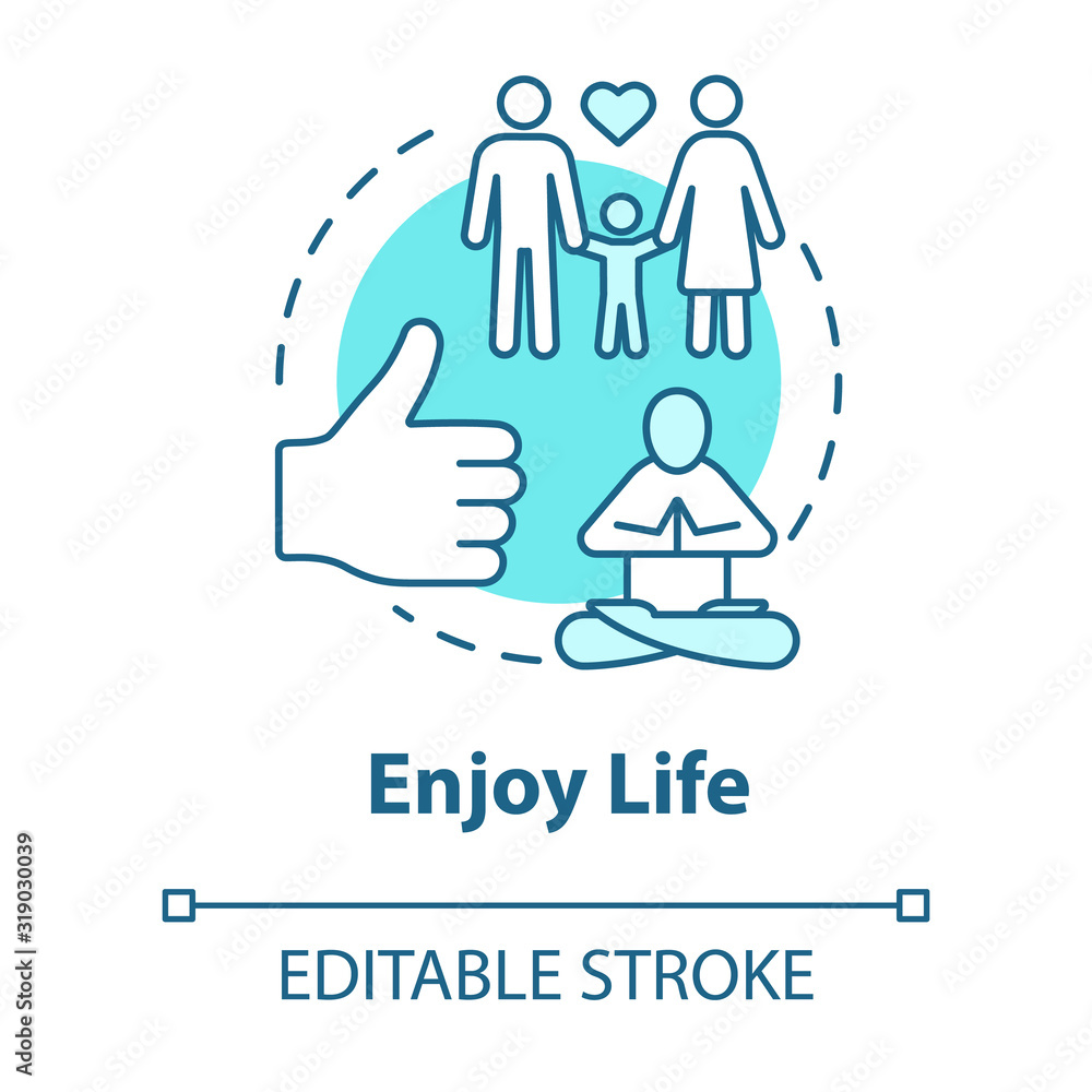 Enjoy life concept icon. Stay in good condition. Happy being. Ability to love and relax. Live full life idea thin line illustration. Vector isolated outline RGB color drawing. Editable stroke Enjoy life concept icon. Stay in good condition. Happy being. Ability to love and relax. Live full life idea thin line illustration. Vector isolated outline RGB color drawing. Editable stroke
