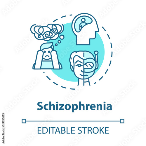 Schizophrenia concept icon. Psychosis with hallucinations. Insanity. Schizophrenic disorder. Mental illness idea thin line illustration. Vector isolated outline RGB color drawing. Editable stroke