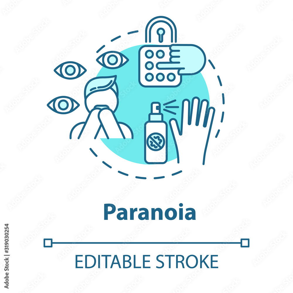 Paranoia concept icon. Irrational suspicion. Persecution complex. Personality disorder. Mental illness idea thin line illustration. Vector isolated outline RGB color drawing. Editable stroke Paranoia concept icon. Irrational suspicion. Persecution complex. Personality disorder. Mental illness idea thin line illustration. Vector isolated outline RGB color drawing. Editable stroke