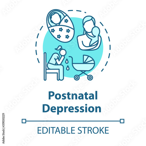 Postnatal depression concept icon. Postpartum depression. PPD. Stressed young mother. Mood disorder idea thin line illustration. Vector isolated outline RGB color drawing. Editable stroke