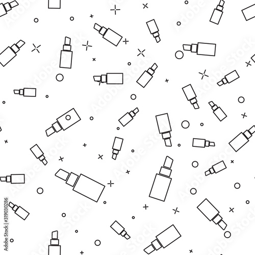 Black line Lipstick icon isolated seamless pattern on white background. Vector Illustration