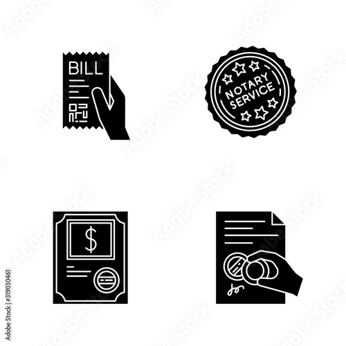 Notary services black glyph icons set on white space. Apostille and legalization. Stock certificate. Bill, receipt. Purchase confirmation. Stamp. Silhouette symbols. Vector isolated illustration