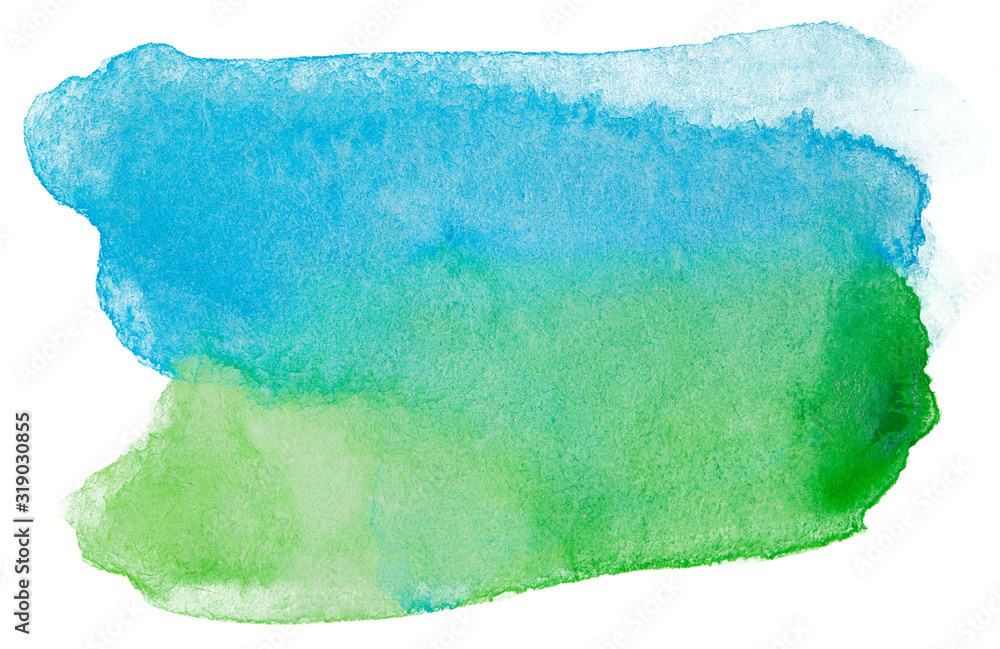 Watercolor blue green stain, abstract with texture on a white background isolated.