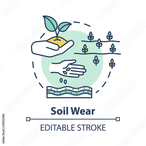 Soil wear concept icon. Industrial damage to nature. Agriculture and agronomy. Cultivation, seedling. Farming idea thin line illustration. Vector isolated outline RGB color drawing. Editable stroke