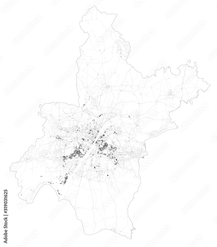 Satellite map of Wuhan, Jiang an District, Hubei, China towns and roads, buildings and connecting roads. Map. Coronavirus