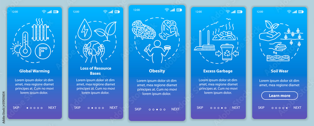 Overconsumption onboarding mobile app page screen with concepts. Global warming, soil wear. Consumerism walkthrough 5 steps graphic instructions. UI vector template with RGB color illustrations - obrazy, fototapety, plakaty 