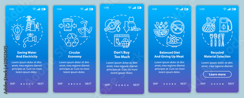 Responsible consumption onboarding mobile app page screen with concepts. Recycle, ecology. Consumerism walkthrough 5 steps graphic instructions. UI vector template with RGB color illustrations
