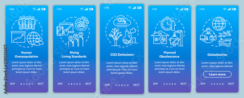 Overconsumption onboarding mobile app page screen with concepts. Globalization, overpopulation. Consumerism walkthrough 5 steps graphic instructions. UI vector template with RGB color illustrations