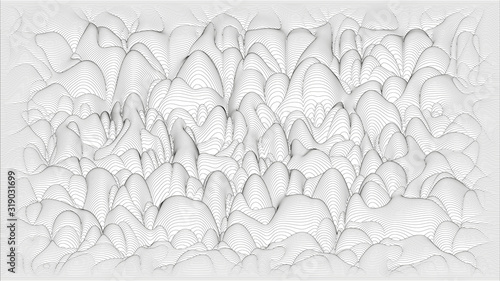 Trendy ultra thin striped backdrop with wave distortion lines. Abstract noise landscape. Procedural ripple background.