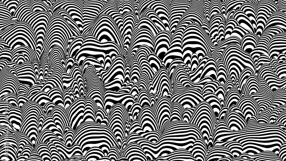 Trendy 3D black and white stripes distorted backdrop. Abstract noise landscape. Procedural ripple background with optical illusion effect.