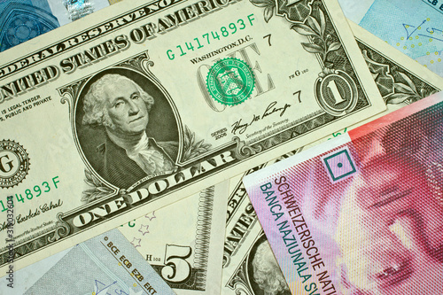 Various Euro, US dollar and Swiss franc banknotes