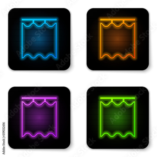 Glowing neon Curtains icon isolated on white background. Black square button. Vector Illustration