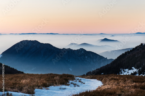 Beautiful sunset hour in a Slovakia mountains called Mala Fatra.  Carpathians Mountains in Slovakia - Europe. Concept of landscapes.