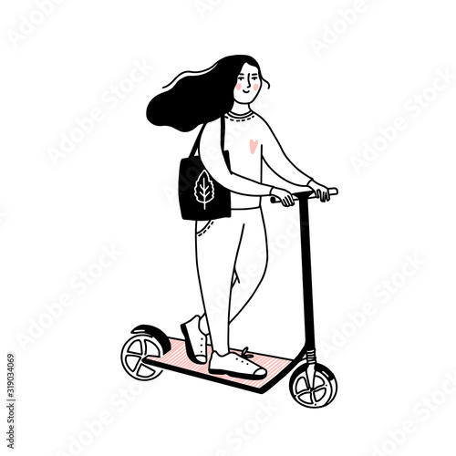 Young girl rides an electric kick scooter. Female character with eco tote bag on mobile and healthy transport. Black outline vector illustration
