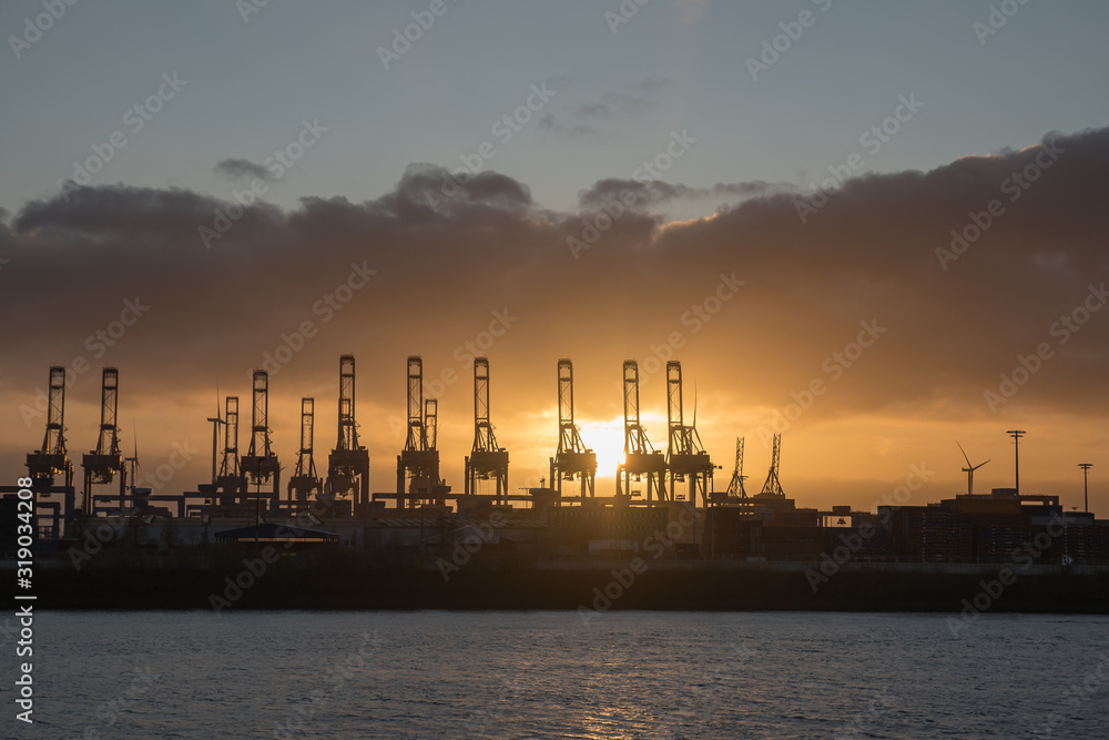 Big Hamburg harbor in the sunset