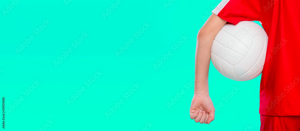 Young boy Holding Volleyball. Isolated On Aqua Menthe color Young boy Holding Volleyball. Isolated On Aqua Menthe color