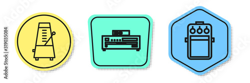 Set line Metronome with pendulum in motion, Music CD player and Guitar pedal. Colored shapes. Vector