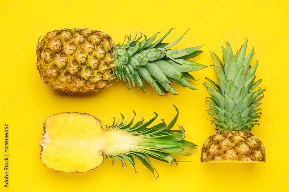 Fresh ripe pineapples on color background Fresh ripe pineapples on color background