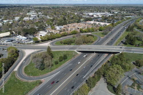 Freeway on ramp in California Town Drone Aerial