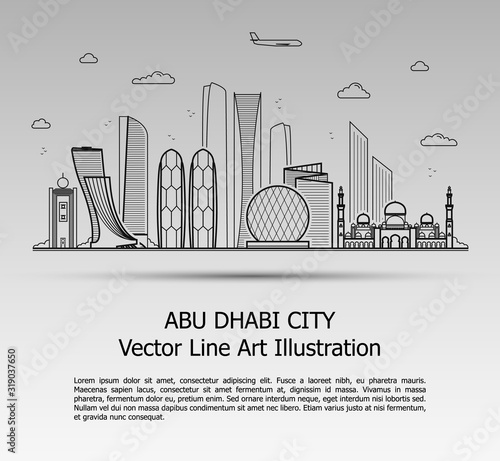 Line Art Vector Illustration of Modern Abu Dhabi City with Skyscrapers. Flat Line Graphic. Typographic Style Banner. The Most Famous Buildings Cityscape on Gray Background. 