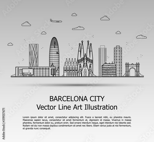 Line Art Vector Illustration of Modern Barcelona City with Skyscrapers. Flat Line Graphic. Typographic Style Banner. The Most Famous Buildings Cityscape on Gray Background.