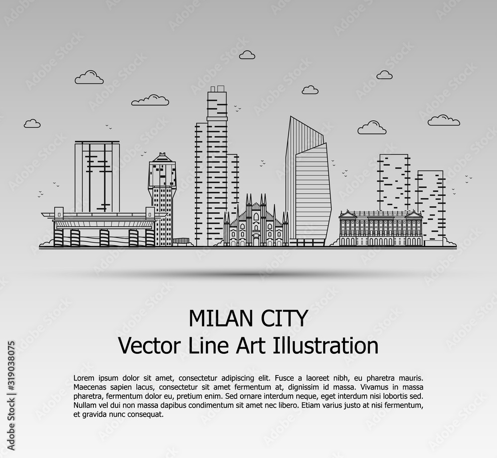 Line Art Vector Illustration of Modern Milan City with Skyscrapers. Flat Line Graphic. Typographic Style Banner. The Most Famous Buildings Cityscape on Gray Background.
