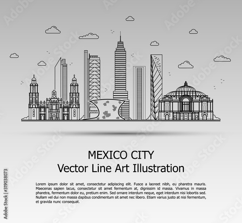 Line Art Vector Illustration of Modern Mexico City with Skyscrapers. Flat Line Graphic. Typographic Style Banner. The Most Famous Buildings Cityscape on Gray Background.