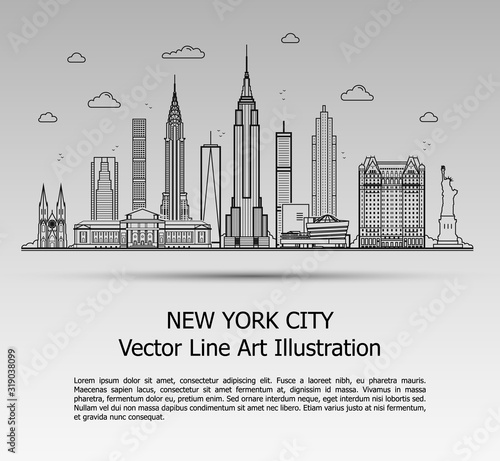 Fototapeta Naklejka Na Ścianę i Meble -  Line Art Vector Illustration of Modern New York City with Skyscrapers. Flat Line Graphic. Typographic Style Banner. The Most Famous Buildings Cityscape on Gray Background.