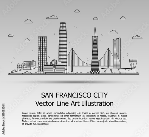 Line Art Vector Illustration of Modern San Francisco City with Skyscrapers. Flat Line Graphic. Typographic Style Banner. The Most Famous Buildings Cityscape on Gray Background.