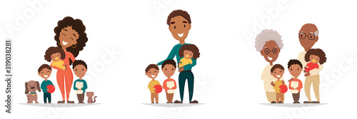 African american family groups on isolated white background. Mother with three kids, father with three children and grandparents with grandkids. Vector illustration for poster, greeting card, website