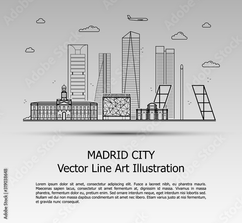 Line Art Vector Illustration of Modern Madrid City with Skyscrapers. Flat Line Graphic. Typographic Style Banner. The Most Famous Buildings Cityscape on Gray Background.