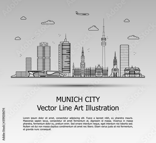 Line Art Vector Illustration of Modern Munich City with Skyscrapers. Flat Line Graphic. Typographic Style Banner. The Most Famous Buildings Cityscape on Gray Background.