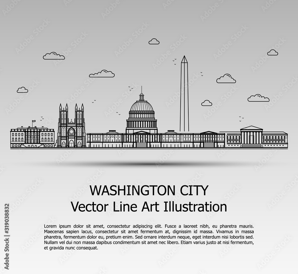 Line Art Vector Illustration of Modern Washington City with Skyscrapers. Flat Line Graphic. Typographic Style Banner. The Most Famous Buildings Cityscape on Gray Background.