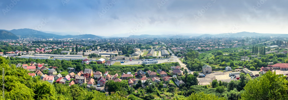 Panoramic view from the fortress wall of Palanok Castle on the city of Mukacheve and its surroundings, Transcarpathia, Ukraine