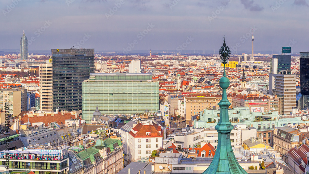 Fototapeta Cityscape - top view of the city of Vienna from the south tower of St. Stephen's Cathedral, Austria, 1 December, 2019