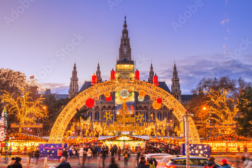 Festive cityscape - view of the Vienna Christmas World and Vienna City Hall (Wiener Rathaus) on Rathausplatz, Austria, 2 December, 2019