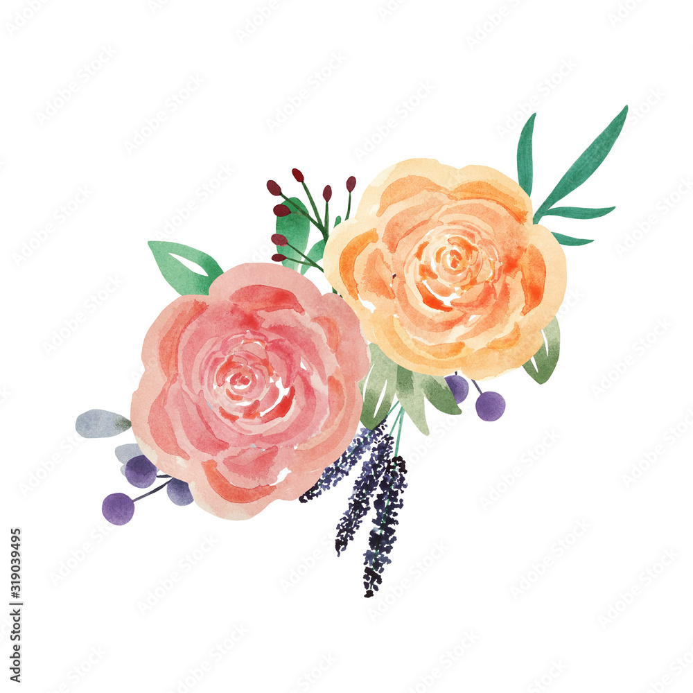 Obraz Watercolor floral arrangement with pink and peach roses, sprigs of lavender. Tender watercolor flower arrangement isolated on white background.