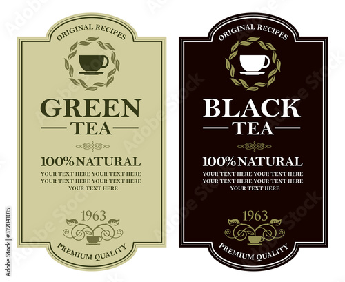 collection of green and black tea labels with leaves and cup